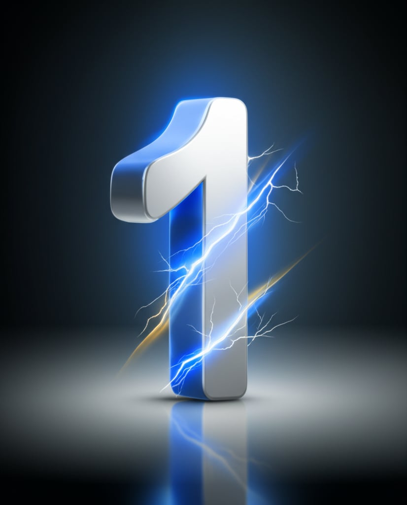 A polished, ascending 'Number 1' icon with electric blue lightning and gold energy trails on a digital background, symbolizing top SEO.