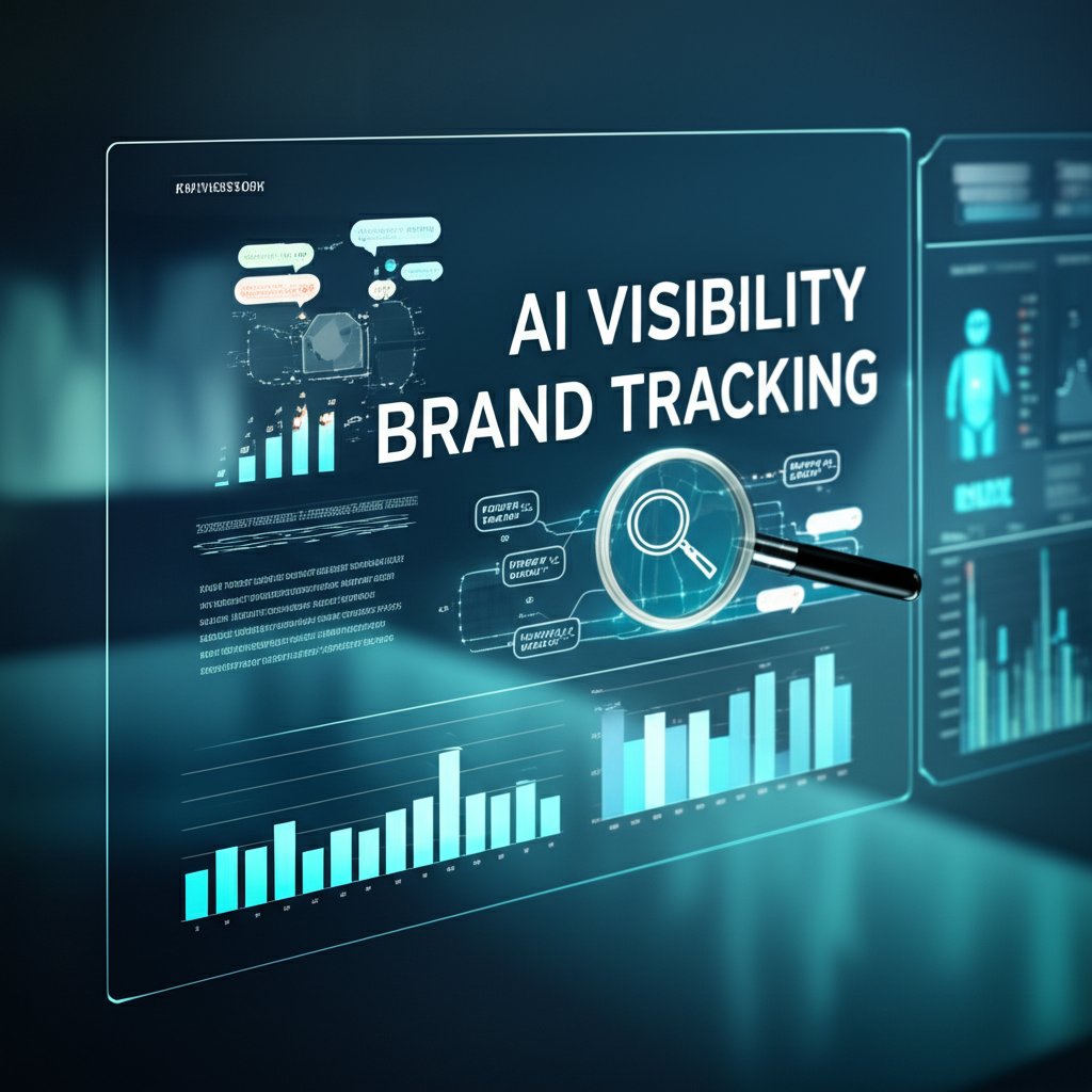 A futuristic, sleek analytics dashboard displaying vibrant data visualizations and graphs, representing 'AI Visibility' and 'Brand Tracking' metrics. The dashboard is semi-transparent, overlaying a subtle background of abstract AI generative text and chatbot interfaces. Data points float and connect, illustrating mentions, citations, and sentiment analysis for various brands. A glowing magnifying glass icon hovers over a section, symbolizing tracking the 'invisible.' The overall tone is sophisticated and insightful, with the words 'AI VISIBILITY' and 'BRAND TRACKING' in large, modern fonts integrated into the display.