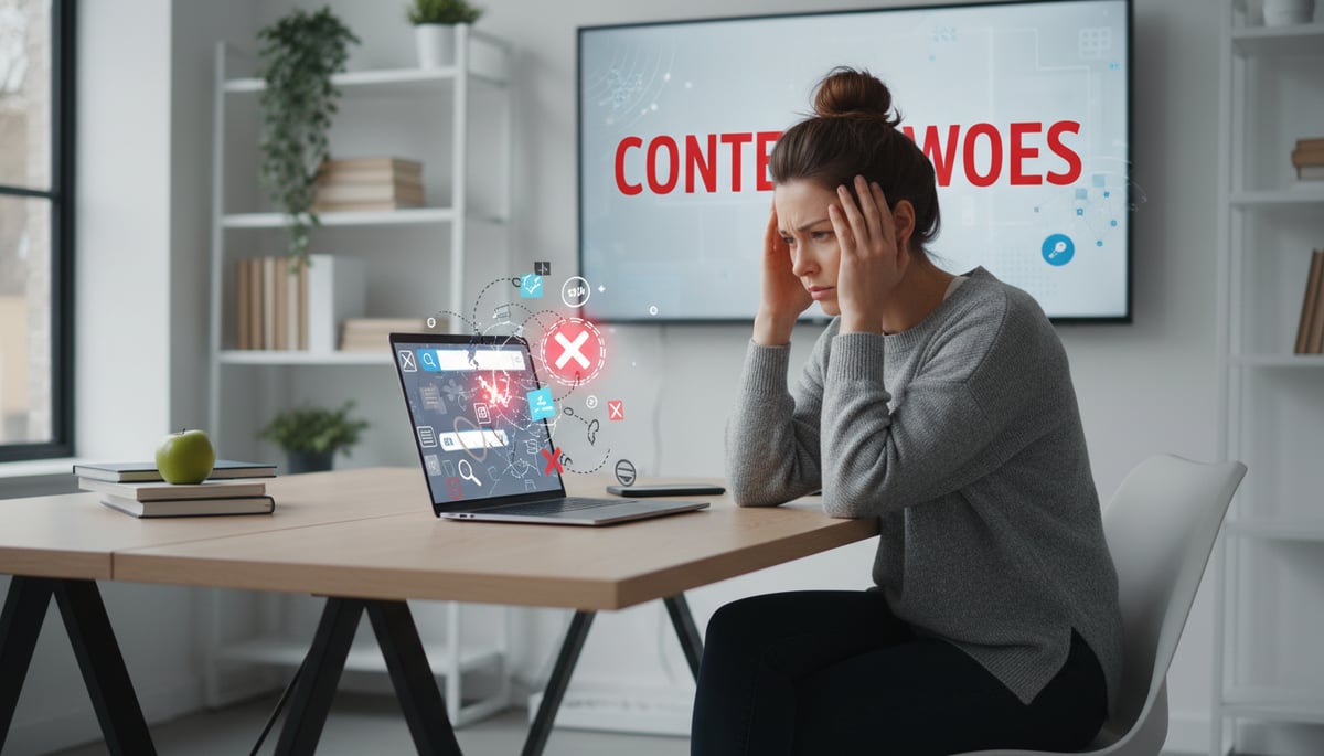 A health coach looking stressed at a desk with abstract SEO icons.