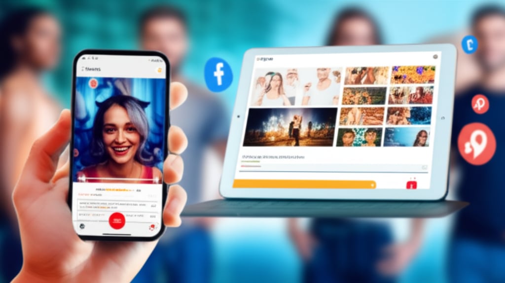 A vibrant digital collage shows multi-platform online influence with video on a phone, graphics on a tablet, and global community.