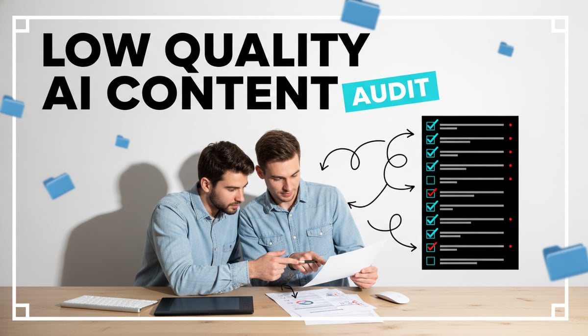 Editorial mixed-media illustration of a content team reviewing a printed draft b