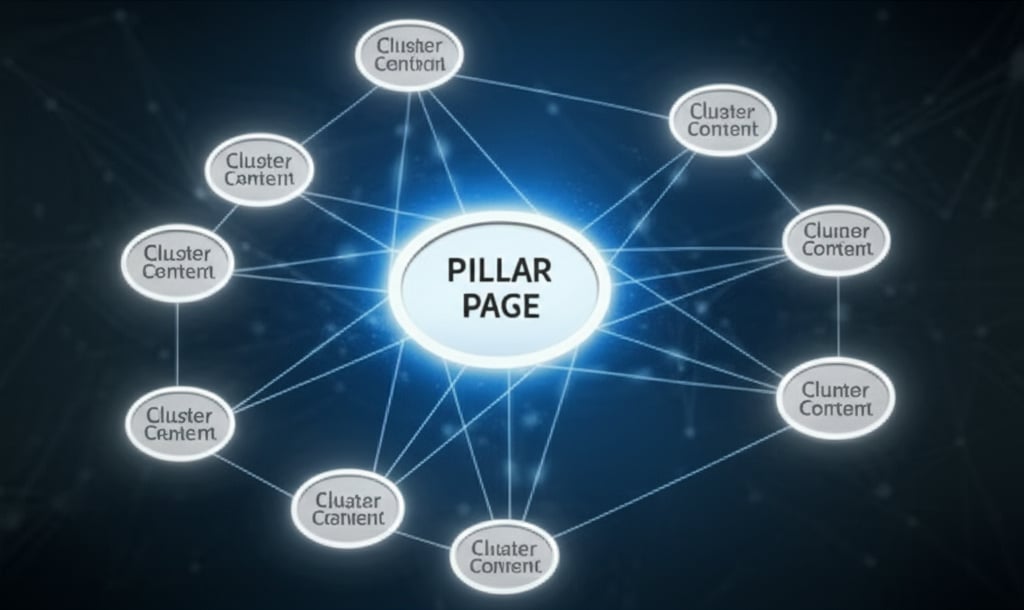 An illustrative image about: A visually striking illustration of a strong, central 'Pillar Page' structure, glowing brightly. Sur