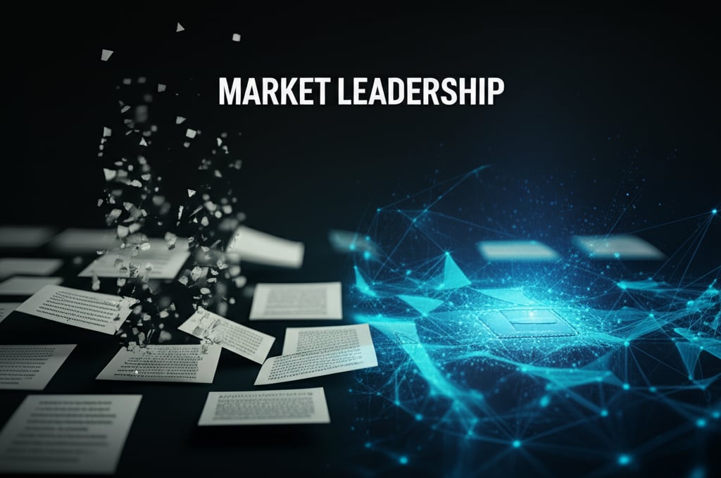 Dynamic digital landscape with old blog posts dissolving, replaced by glowing AI data points, under a MARKET LEADERSHIP title.