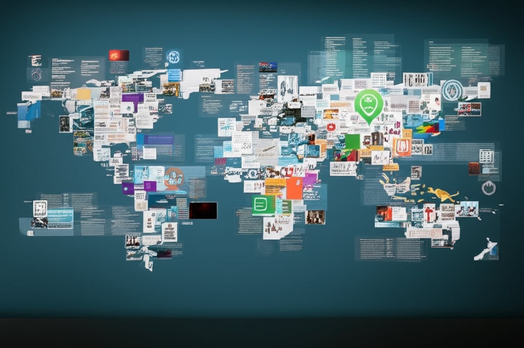 An illustrative image about: A global map intricately overlaid with numerous digital content pieces and diverse language symbols,