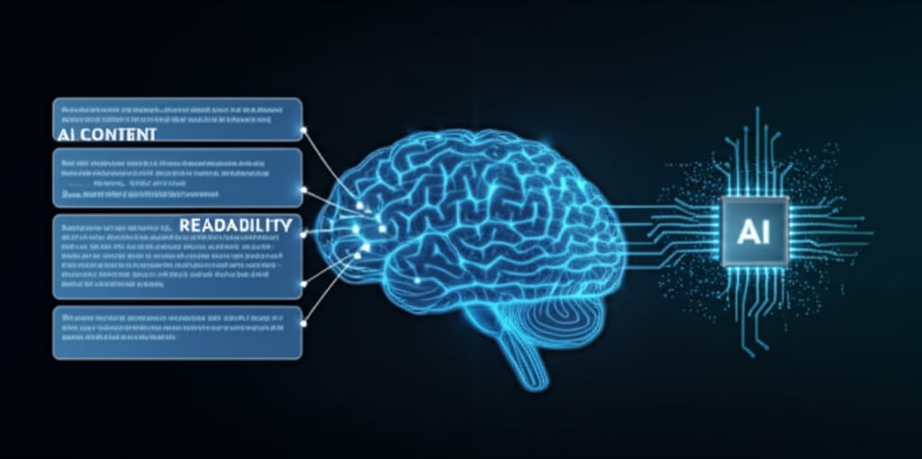 A digital brain or AI processor seamlessly interacting with beautifully structured, modular content blocks. One side shows clear, concise text blocks, while the other illustrates an AI system efficiently extracting key information. The visual emphasizes organized, readable content for both humans and AI. Text overlay: 'AI CONTENT', 'READABILITY'.