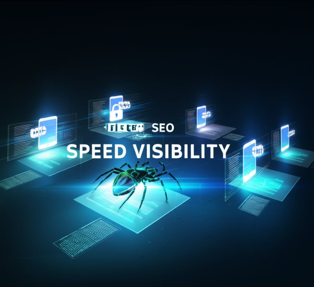 A dynamic, digital spider or 'crawler' representing AI moving swiftly across a series of interconnected, glowing web pages. Pages show indicators of speed (light trails, blur effects), security (HTTPS lock icon), and mobile optimization (stylized mobile phone screens). Structured data blocks are subtly attached to pages, symbolizing schema markup. Text overlay: 'TECH SEO', 'SPEED VISIBILITY'.