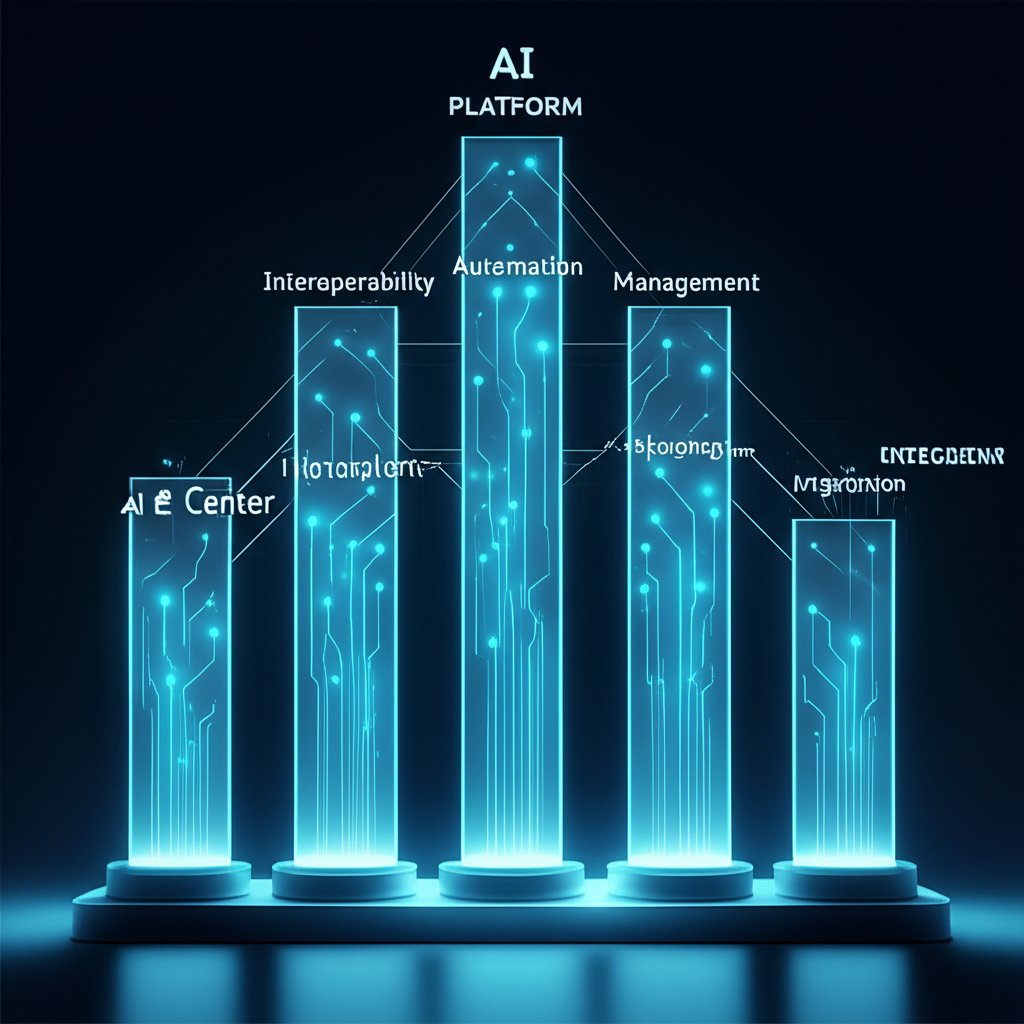 A conceptual, architectural illustration depicting strong, glowing digital pillars rising from a solid base. Each pillar represents a key feature of an AI localization platform: 'AI at Center', 'Interoperability', 'Automation', 'Management', 'Integration'. Interconnected lines flow between them, resembling a robust digital network. Text overlay: "AI", "PLATFORM", "ROBUST".