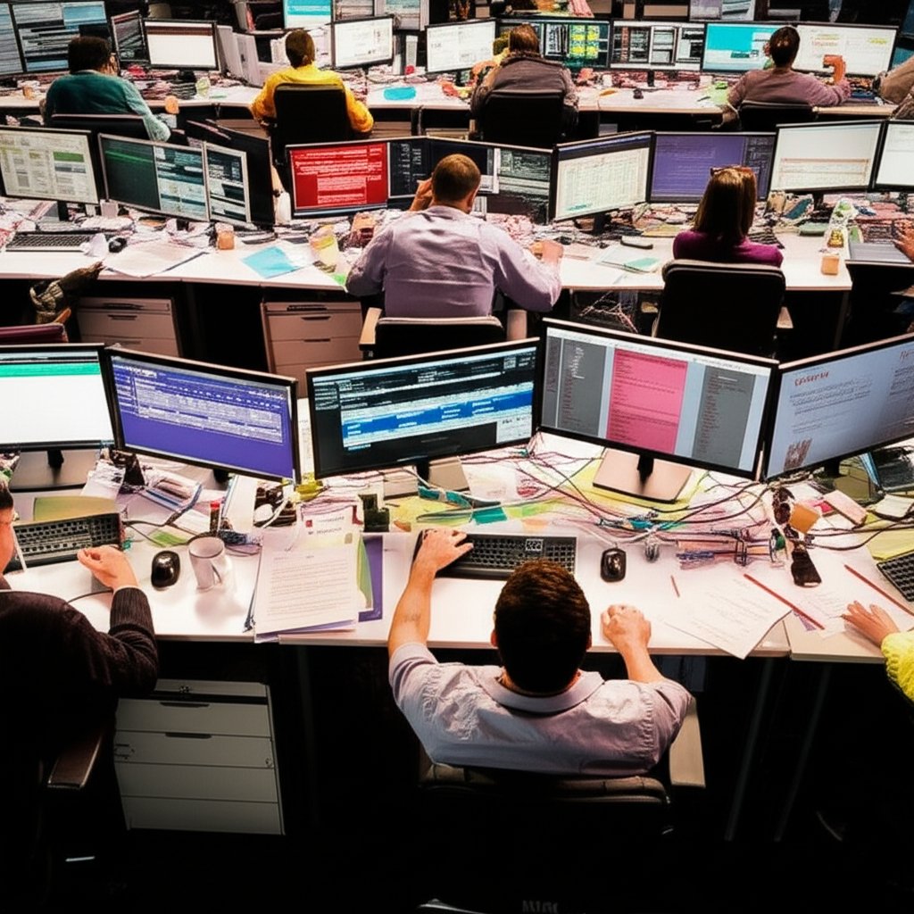 An illustrative image about: A high-angle, cinematic shot depicting a chaotic office environment. Desks are overflowing with dish
