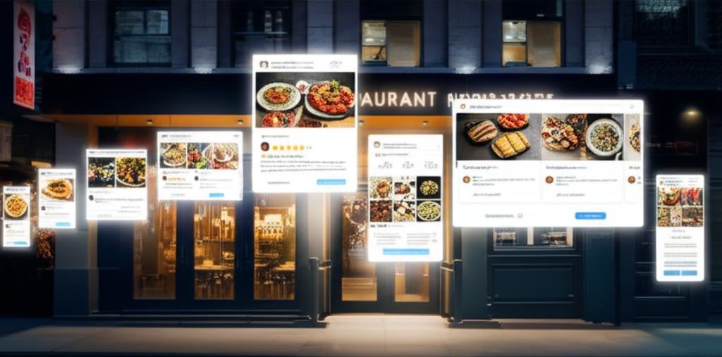 Futuristic NYC restaurant with glowing digital screens displaying Google My Business, Instagram food, and a reservation website.
