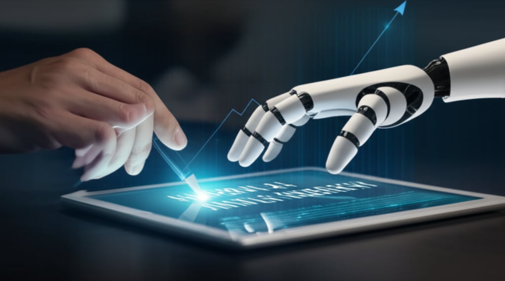 An illustrative image about: A striking conceptual image depicting a human hand and a futuristic, sleek robotic hand collaborativ