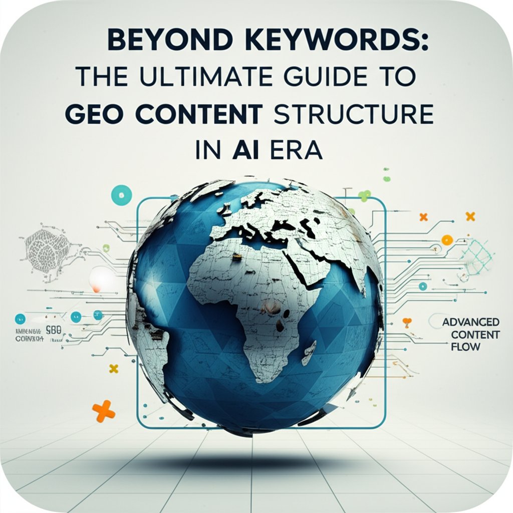 A modern YouTube thumbnail features a 3D deconstructed globe, 'Beyond Keywords: GEO Content Structure' title, and data flow visuals.