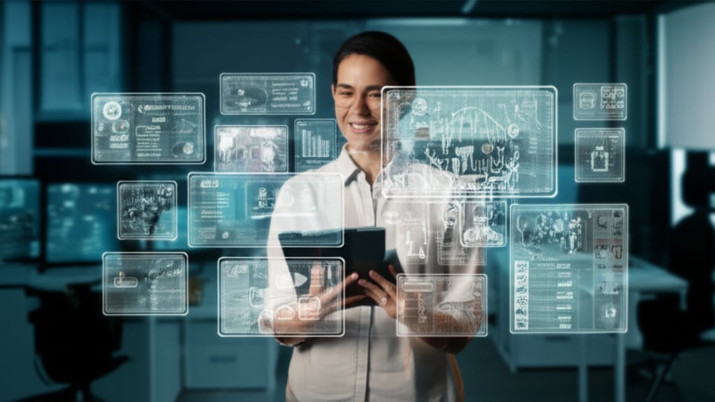 An illustrative image about: A modern, bustling digital marketing agency office, with glowing holographic interfaces showcasing A