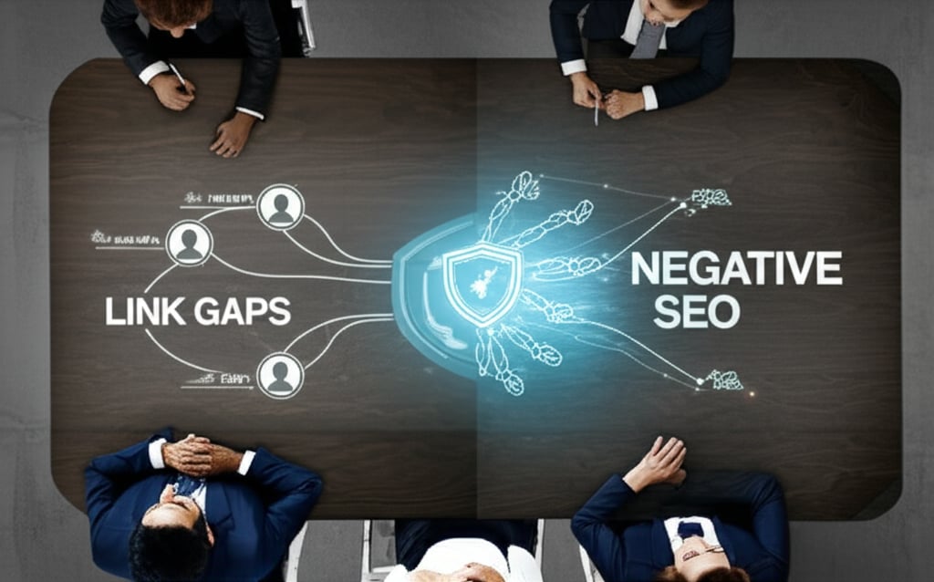 Overhead view of a strategic digital war room table. One half displays a competitor analysis showing 'LINK GAPS' in large, clear font, with data streams connecting competitor profiles. The other half shows a defensive strategy, featuring a digital shield icon deflecting spammy links, with 'NEGATIVE SEO' in large, clear font. The scene is professional, analytical, and grounded in real-world business strategy, no futuristic elements. Focus on clear data visualization and strategic planning.
