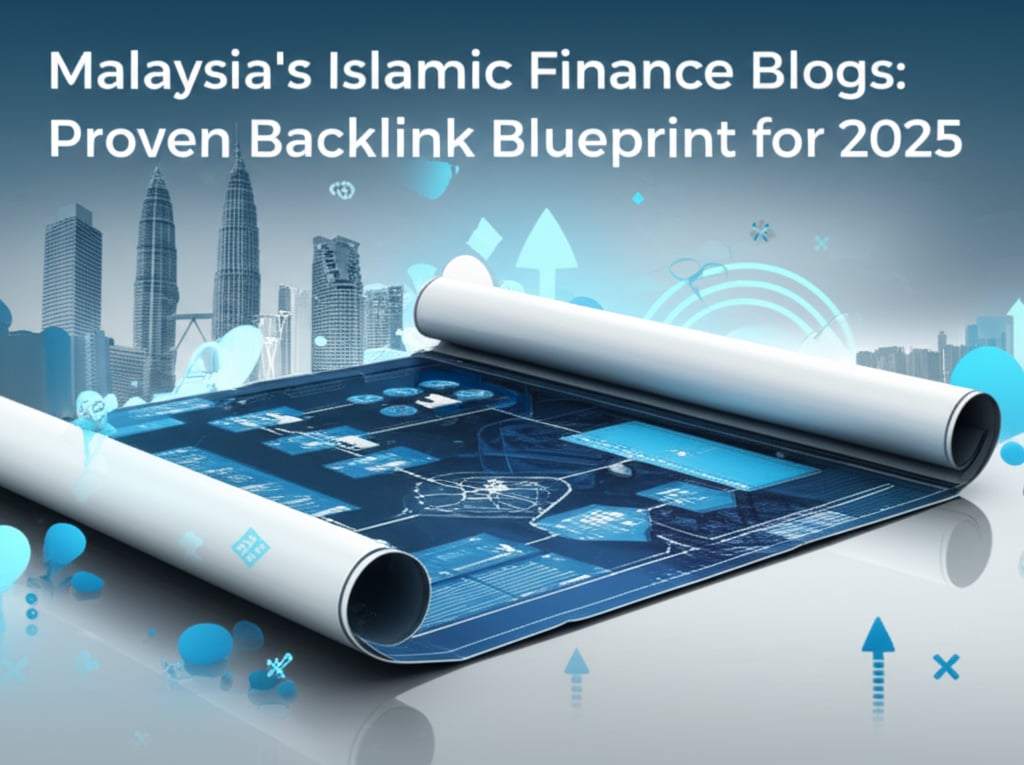 Blueprint for 'Malaysia's Islamic Finance Blogs' with growth charts, Islamic patterns, and KL skyline.
