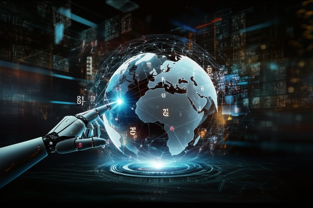 An illustrative image about: Generate an image with a central, iconic AI-enhanced global map or Earth, subtly transforming to rep