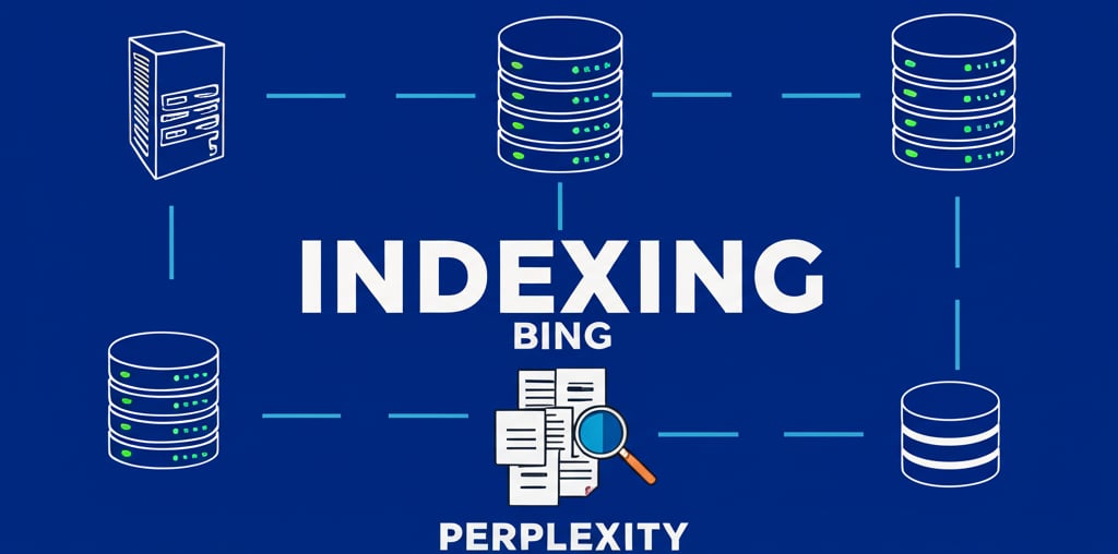 A digital graphic illustrating a foundational technical process for search engine optimization. It shows interconnected elements like a server, a magnifying glass symbolizing crawling, and a database representing an index. Keywords in large, clear fonts: INDEXING, BING, PERPLEXITY.