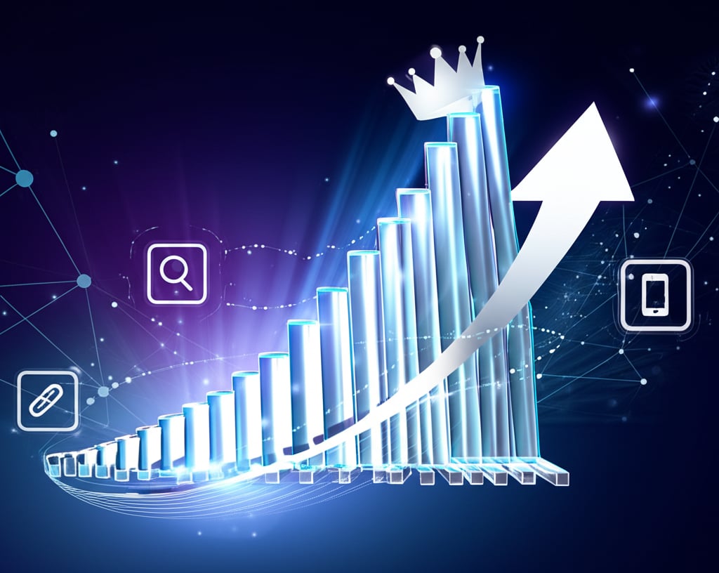 A glowing, futuristic SEO graph ascending to a crown, surrounded by data streams and radiant digital marketing icons.