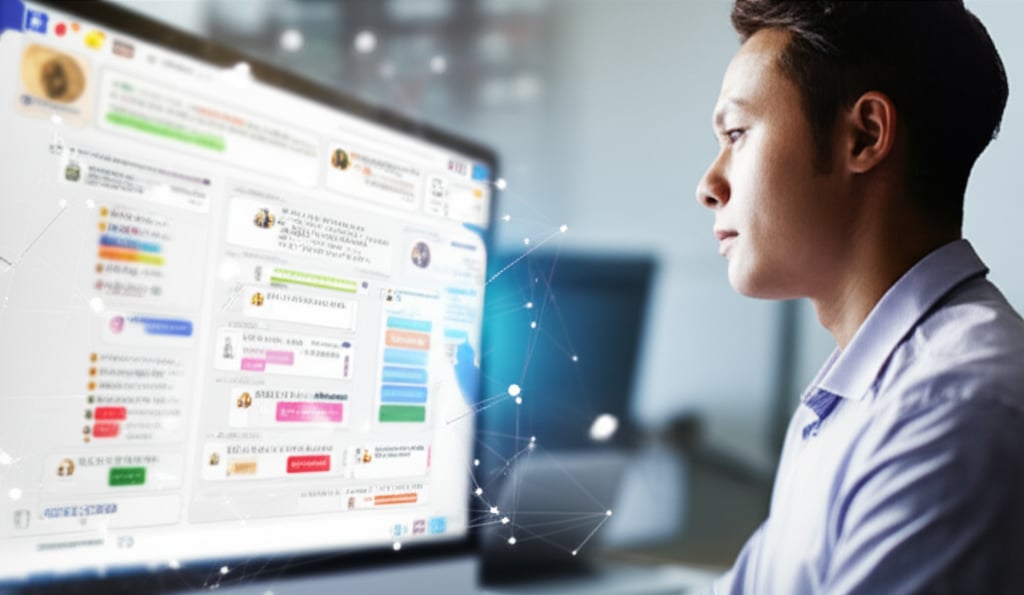 A professional digital marketer intently observes a glowing screen displaying Japanese online forums, extracting community insights in a data-rich office.