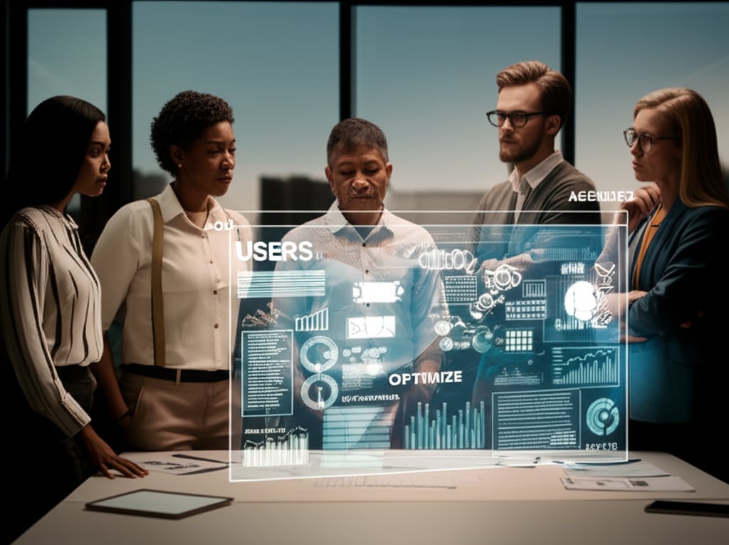 Professionals engaging with holographic data, symbolizing a new era for Surfer SEO users and agencies, focusing on content optimization.