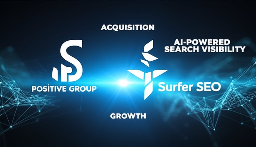 Acquisition of Surfer SEO by Positive Group, showing merging digital entities and data flow, symbolizing growth and AI-powered search visibility.
