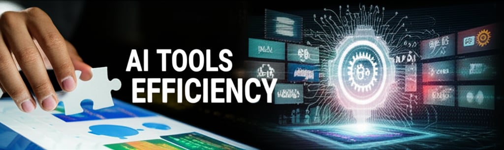 A balanced, visually dynamic image showcasing a blend of human and AI collaboration. On one side, a human hand is strategically placing a digital puzzle piece on a screen, representing high-level planning. On the other side, an abstract, glowing AI interface is rapidly generating content blocks, mapping keywords, and optimizing technical elements, visualized as intricate digital gears and flowing code. Large, bold text clearly visible in the image says: "AI TOOLS" and "EFFICIENCY". The composition emphasizes streamlined workflows and increased productivity in SEO.