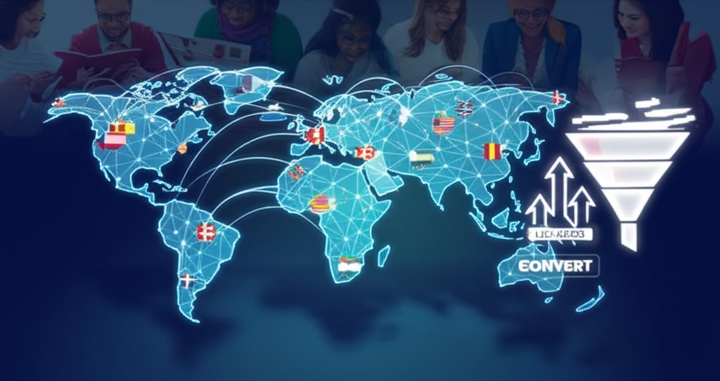 An illustrative image about: A powerful, dynamic image illustrating **GLOBAL REACH** and **CONVERSION PROWESS**. A vibrant, digit