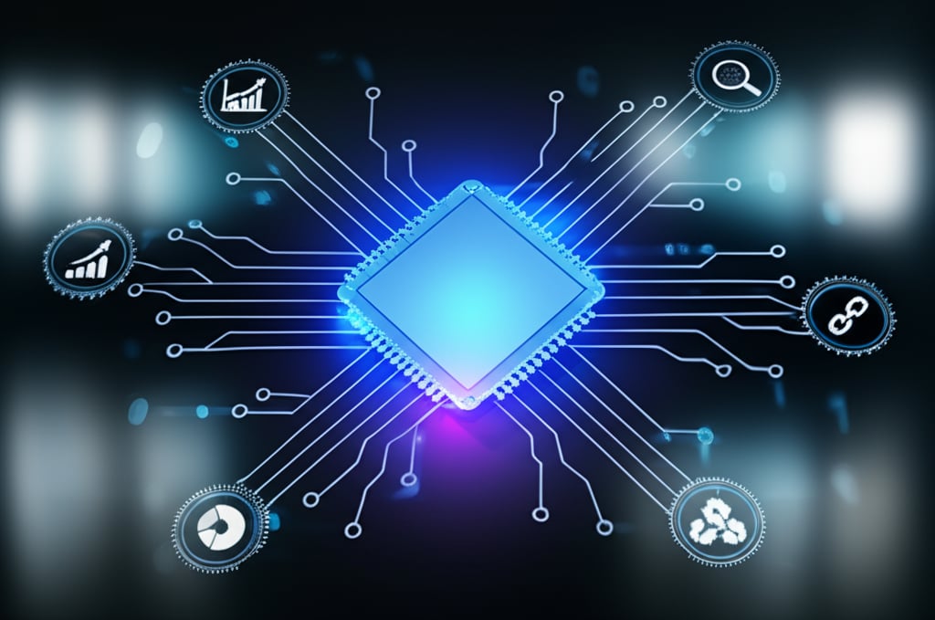 An illustrative image about: A high-fidelity rendering depicting a powerful, central AI core, glowing with vibrant blues and purp