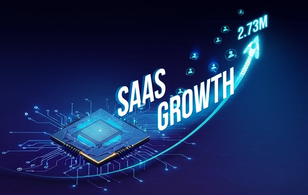 A highly stylized, vibrant digital 'SaaS Growth Engine' with intricate glowing circuits and gears, propelling an accelerating rocket-like data stream upwards on a sharp, exponential curve. The curve dramatically rises from '0' on the bottom-left to a peak at the top-right, culminating in a prominent, radiant '2.73M' surrounded by abstract, flowing user icons. The background is a gradient of deep tech blue to purple, suggesting a vast digital landscape. Large, bold, glowing text 'SAAS' and 'GROWTH' are subtly integrated into the engine's design and the rising trajectory, emphasizing the theme of rapid organic visitor acquisition. High detail, futuristic, dynamic lighting.