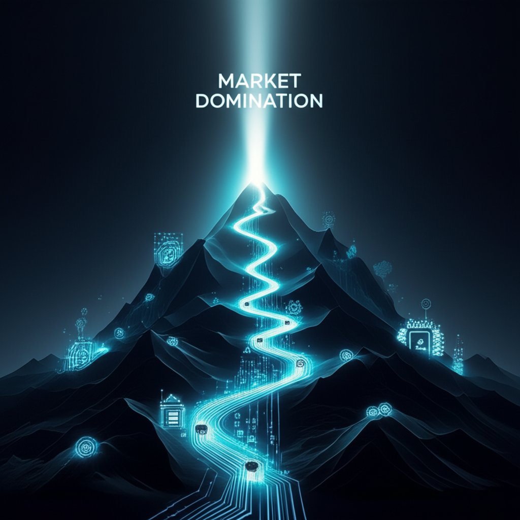 An illustrative image about: A majestic, ascending digital mountain peak illuminated by a strategic light beam, representing 'Mar