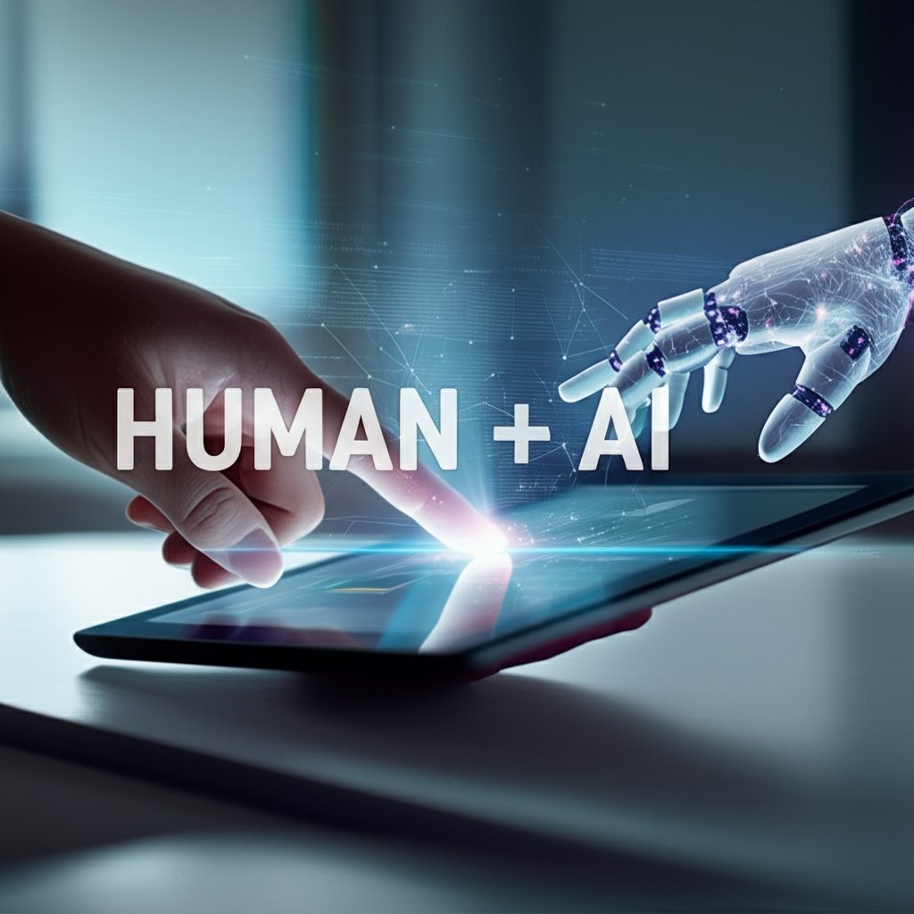 An illustrative image about: A visually striking, cinematic depiction of a human hand gently guiding a glowing, ethereal AI hand 