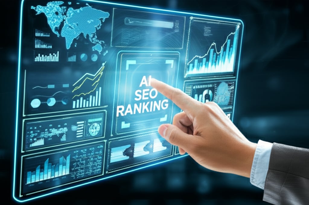 A professional, data-driven illustration depicting a human hand interacting with a glowing, intelligent AI interface that visualizes complex SEO data, graphs, and keywords. The interface shows elements like search results pages, content blocks, and arrows indicating traffic flow and improved rankings. The overall tone is modern, efficient, and emphasizes strategic refinement. Keywords on the display: "AI SEO RANKING".