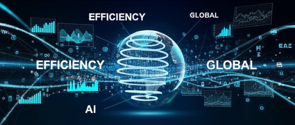 A vibrant, futuristic infographic showing a globe surrounded by interconnected data streams and diverse language symbols. Digital graphs and charts illustrating accelerated time-to-market, cost reduction, and scalability. Text overlay: "EFFICIENCY", "GLOBAL", "AI".