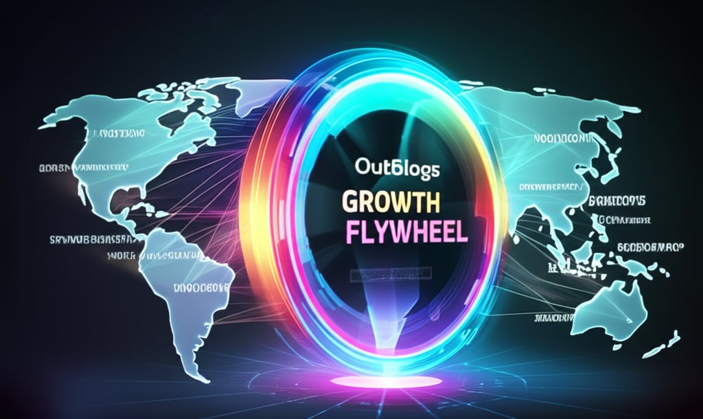 An illustrative image about: A dynamic, abstract depiction of global content scaling. A stylized 'Growth Flywheel' spins at the c