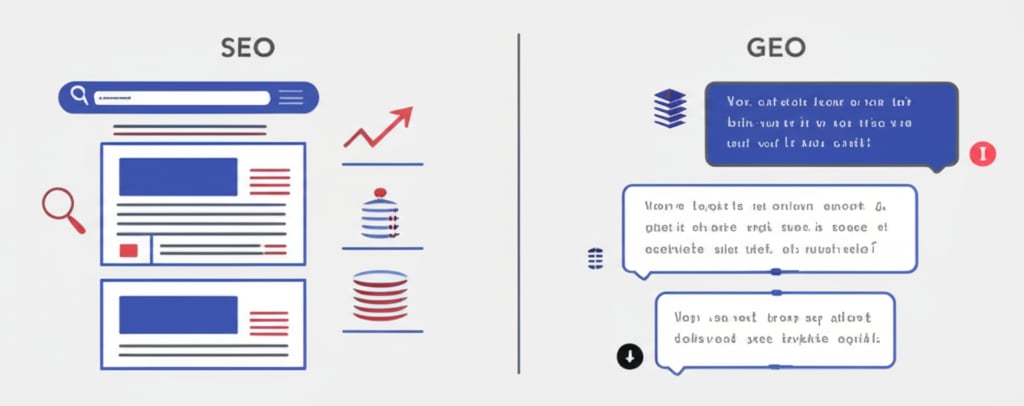 A clear visual distinction between 'SEO' and 'GEO'. On the left side, representing SEO, show a classic search engine results page (SERP) with website links, a magnifying glass icon, and a graph trending upwards, symbolizing traffic and clicks. On the right side, representing GEO, depict a conversational AI chatbot interface with text bubbles, an icon for structured data, and a citation symbol, symbolizing mentions and factual precision. The two sides are clearly separated by a subtle dividing line. Simple, graphic style, not futuristic. Text overlay on the SEO side: 'SEO'. Text overlay on the GEO side: 'GEO'.