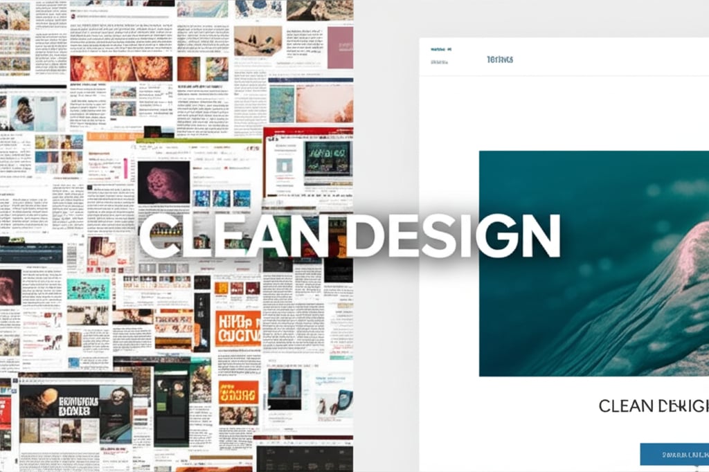 A split visual: one side shows a chaotic, cluttered web page filled with overlapping pop-up ads and dense, unformatted text; the other side shows a minimalist, elegant web page with ample white space, a clear call to action, and a beautiful, relevant image. Bold text overlay: 'CLEAN DESIGN'.