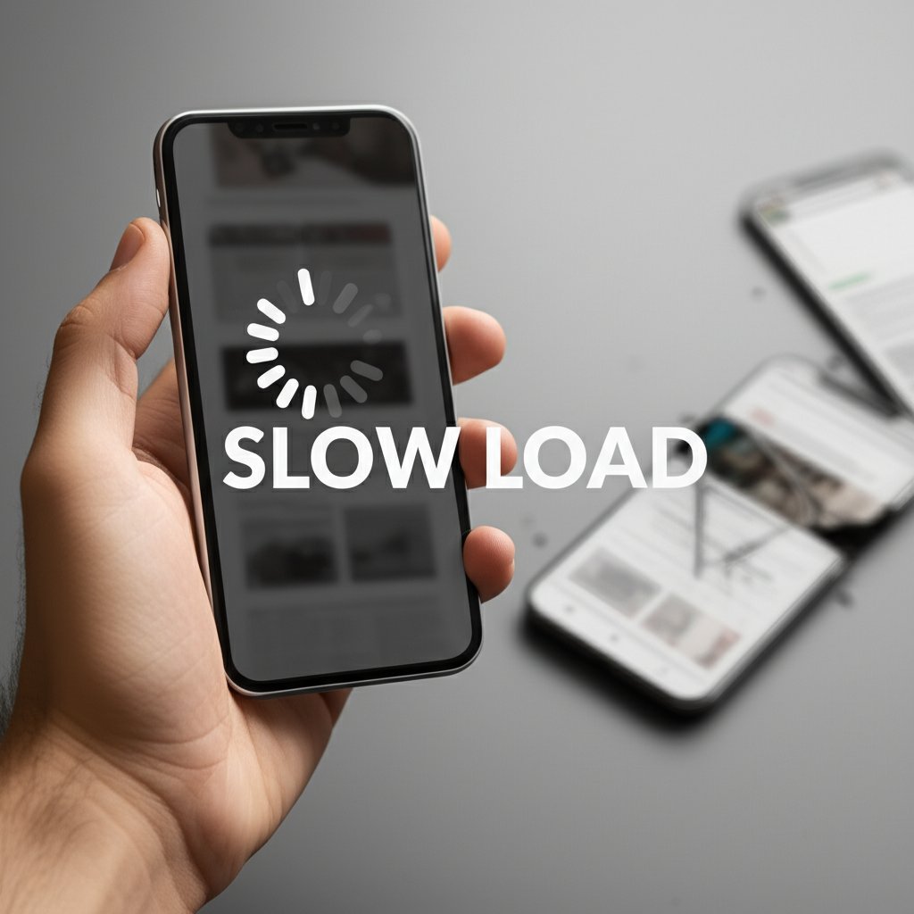 A close-up of a frustrated person's hand holding a smartphone, the screen displaying a perpetually spinning loading icon over a blurred website, with another smaller phone showing a broken, unreadable layout, symbolizing slow loading speed and poor mobile experience. Bold text overlay: 'SLOW LOAD'.