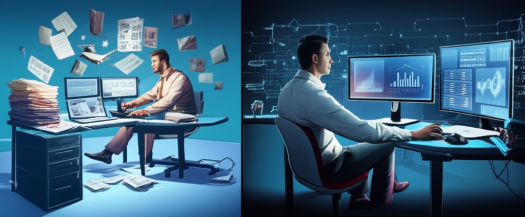 An illustrative image about: A dynamic scene depicting an SEO agency office. On one side, a chaotic desk with piles of reports an