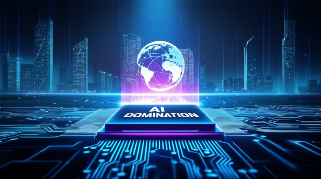 An illustrative image about: A powerful, sleek AI engine, glowing with blue and purple light, at the center of a vast digital hor