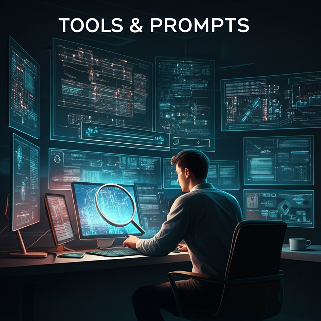 A digital wizard's workshop, a person intently focused at a glowing workstation with multiple holographic screens displaying complex AI algorithms, semantic networks, and content drafts. A large, stylized magnifying glass hovers over a prompt input field. Text overlay: "TOOLS & PROMPTS" in a modern, bold font. The scene emphasizes precision, strategic planning, and the art of engineering AI interactions. Wide aspect ratio, digital art, high detail.