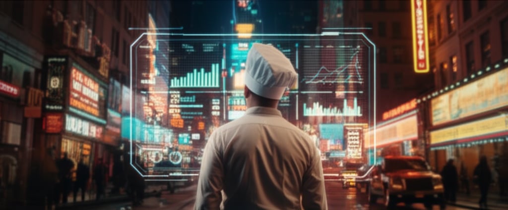 A determined chef on a bustling NYC street with bright restaurant signs analyzes an overlay of strategic business metrics.