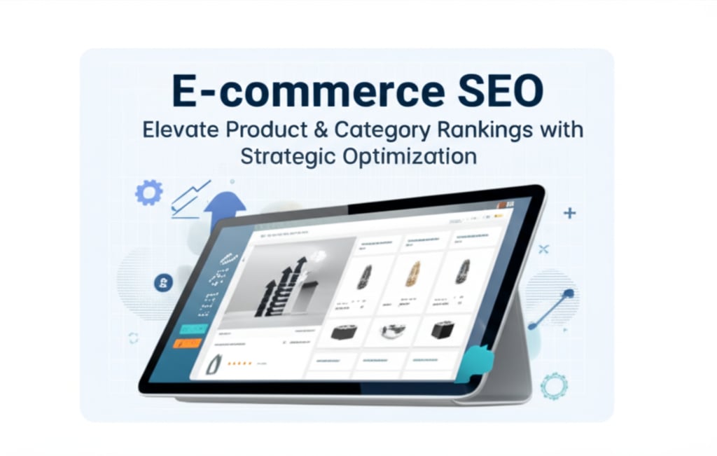 Modern 'E-commerce SEO' thumbnail: digital product display showing rankings, strategic optimization graphics, and geometric accents.