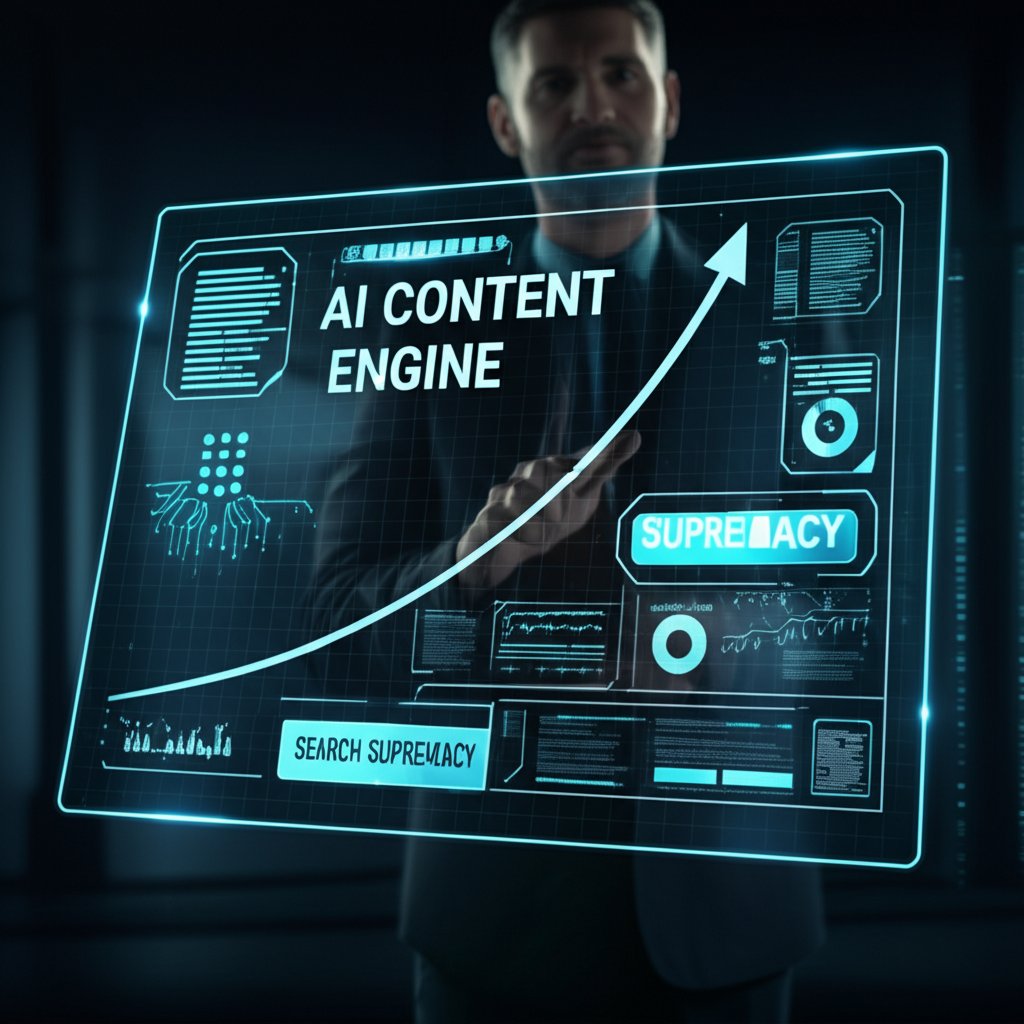 An illustrative image about: A dynamic, futuristic digital interface displaying a powerful AI Content Engine at work, transformin