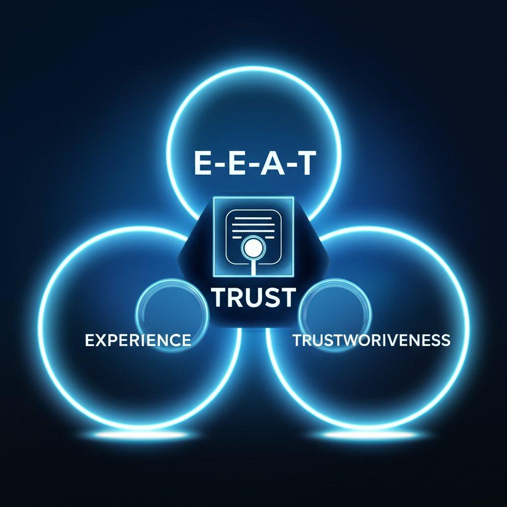 A conceptual image illustrating Google's E-E-A-T framework (Experience, Expertise, Authoritativeness, Trustworthiness) as glowing, interconnected nodes or pillars. An AI algorithm rigorously evaluates content against these standards, with subtle magnifying glass effects over text. Visual elements hint at validation and integrity. Text in image: 'E-E-A-T', 'TRUST' in large fonts.