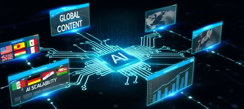 High-tech AI content system: glowing data streams connect screens showing global languages, flags, and efficiency.