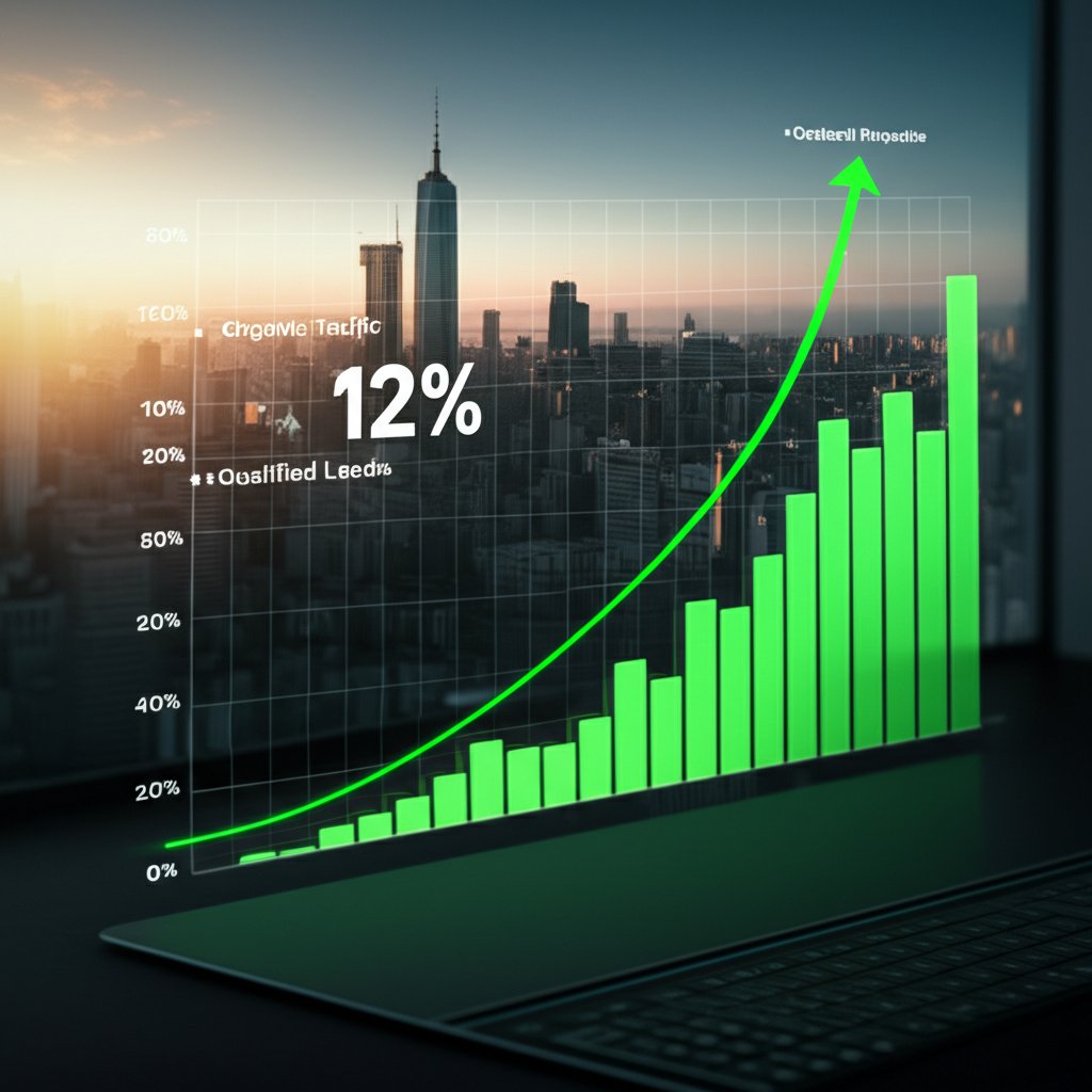 A digital dashboard shows surging green traffic and lead graphs, alongside reduced content production costs, over a city at dawn.