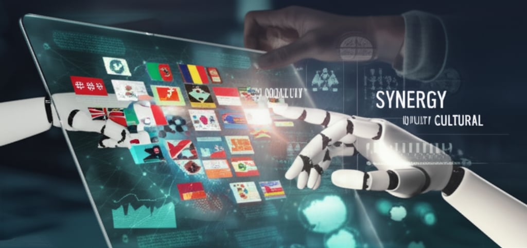 A compelling visual depicting the synergy between human and AI. One human hand and one robotic hand gently interacting, working collaboratively over a digital interface displaying diverse languages and cultural symbols. Subtle elements of quality control and cultural nuance integrated into the background. Text overlay: "SYNERGY", "QUALITY", "CULTURAL".
