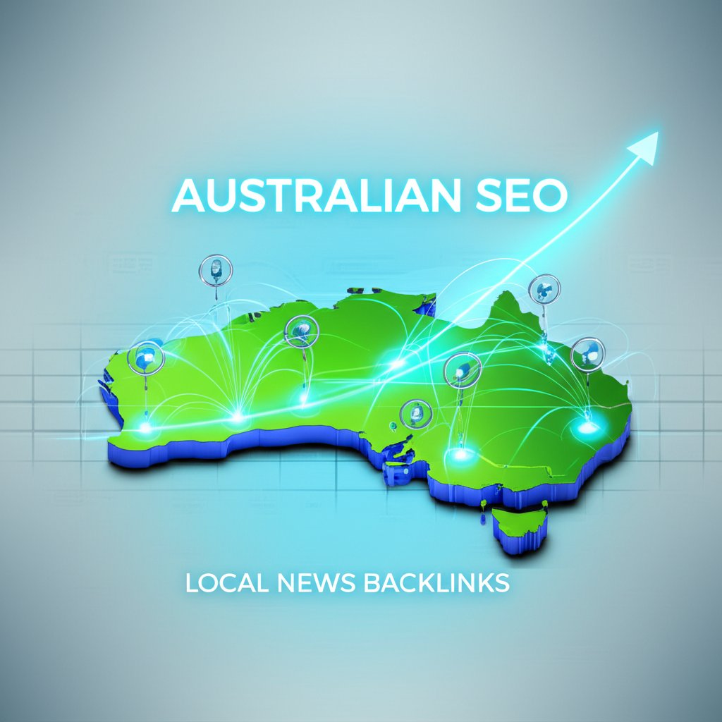 Dynamic 3D map of Australia with glowing digital backlinks to local news icons, plus 'AUSTRALIAN SEO' and 'LOCAL NEWS BACKLINKS' text.