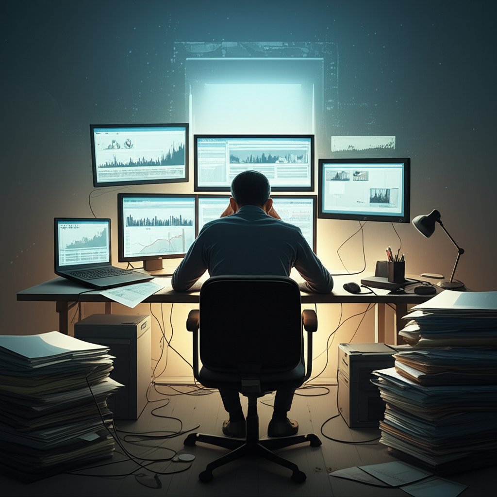 An illustrative image about: A weary content marketer sits at a cluttered desk, surrounded by stacks of paper, multiple screens d