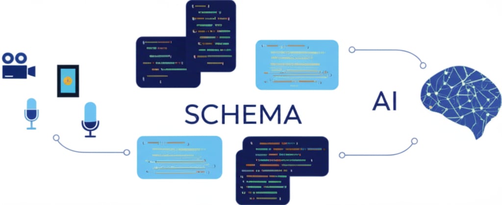 A visually rich graphic depicting the process of converting complex multimedia into structured data for AI understanding. On the left, stylized icons representing a video camera, a photo frame, and a microphone are connected by arrows to a central area showing abstract code blocks and elements resembling JSON syntax, clearly labeled with the word 'SCHEMA'. From this central area, another set of arrows leads to an abstract representation of an AI system, perhaps a neural network pattern or a stylized brain icon, signifying comprehension and indexing. The colors are professional and clear, not futuristic. Text in image: 'SCHEMA', 'AI'.