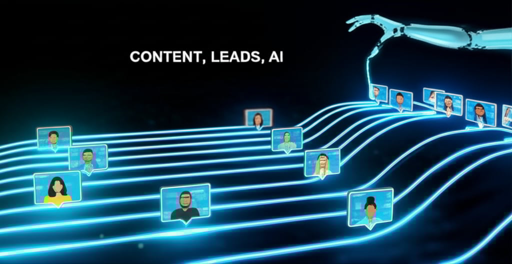 A futuristic, wide-angle depiction of digital content streams flowing like a network of glowing data pipelines, guided by an abstract AI interface or robotic arm. The streams branch out to various stylized user profiles, representing a diverse audience. The overall scene emphasizes efficient, automated content distribution and lead generation. Text overlay: 'CONTENT, LEADS, AI'.